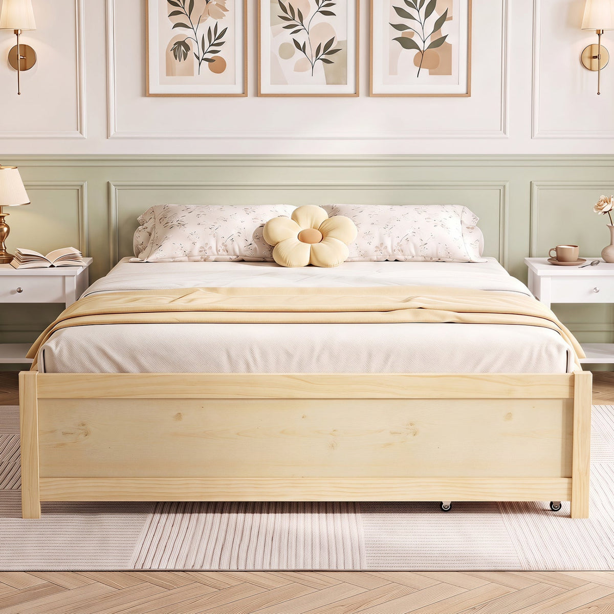 Queen Size Bed Frame with 2 Rolling Storage Drawers-Trundle Bed Frame-DECOROLALA