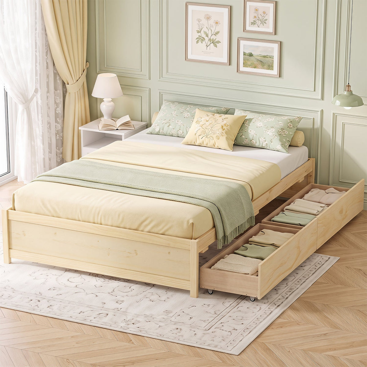 Queen Size Bed Frame with 2 Rolling Storage Drawers-Trundle Bed Frame-DECOROLALA