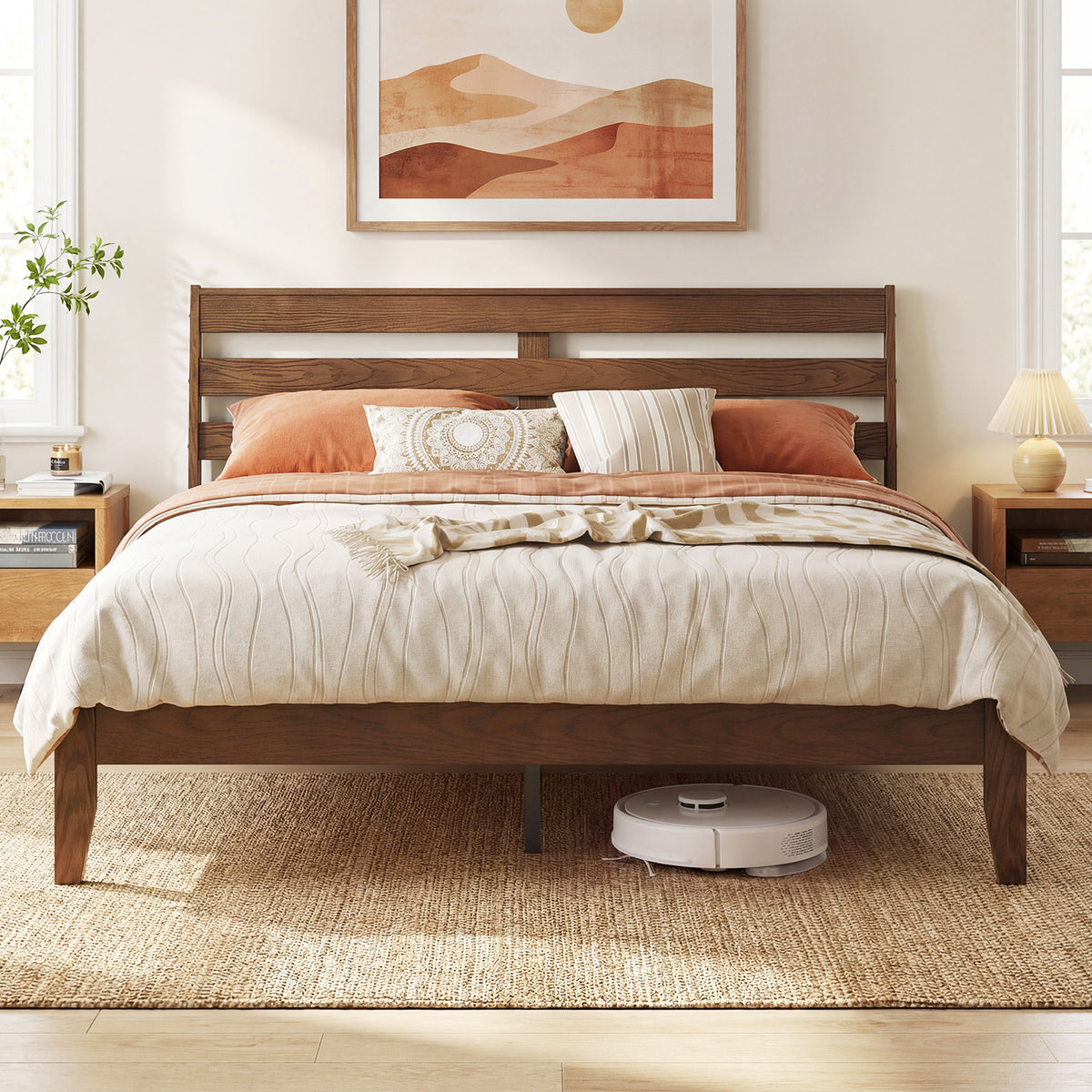 Queen Size Wood Platform Bed Frame with Slat Headboard-Simple Bed Frame-DECOROLALA