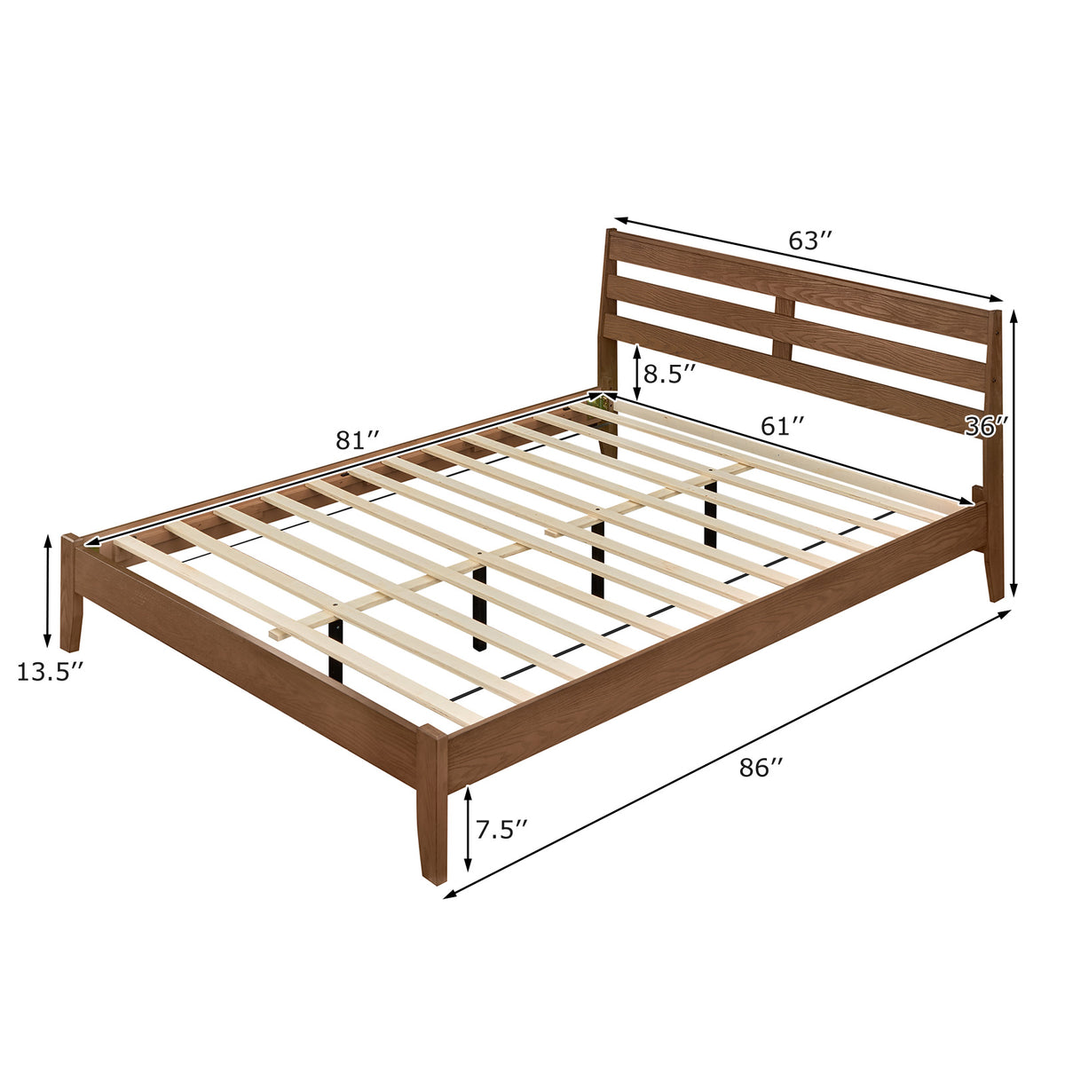 Queen Size Wood Platform Bed Frame with Slat Headboard-Simple Bed Frame-DECOROLALA
