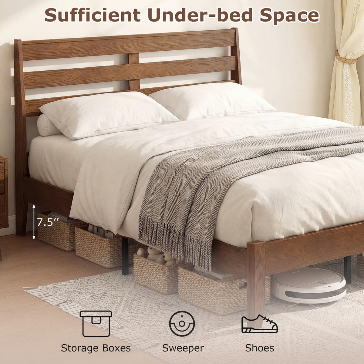Queen Size Wood Platform Bed Frame with Slat Headboard-Simple Bed Frame-DECOROLALA