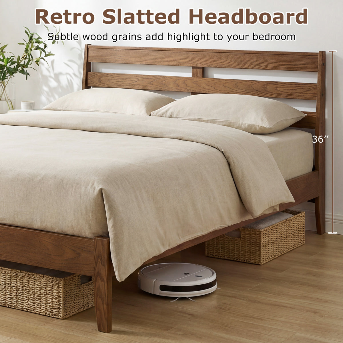 Queen Size Wood Platform Bed Frame with Slat Headboard-Simple Bed Frame-DECOROLALA