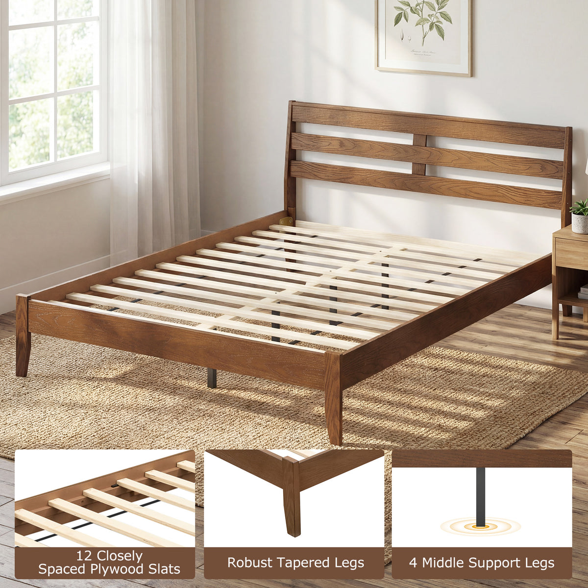 Queen Size Wood Platform Bed Frame with Slat Headboard-Simple Bed Frame-DECOROLALA