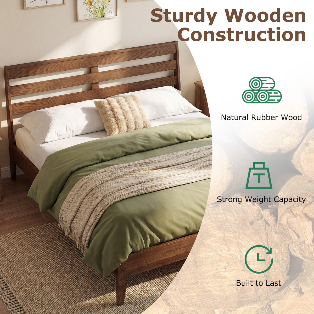Queen Size Wood Platform Bed Frame with Slat Headboard-Simple Bed Frame-DECOROLALA