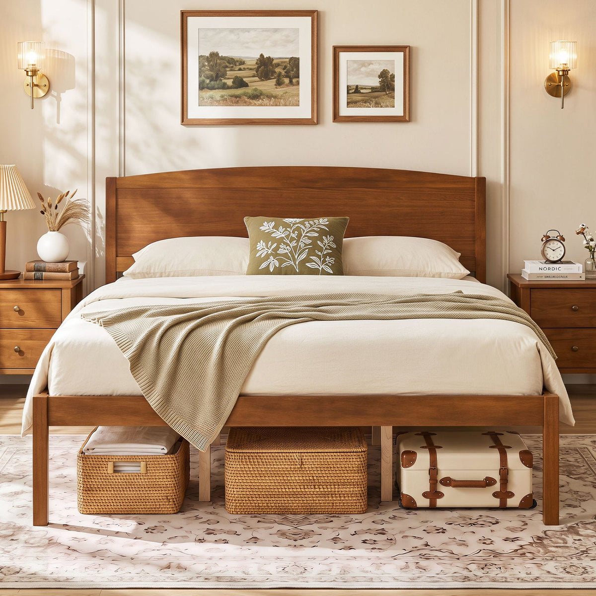 Queen Size Wooden Platform Bed Frame with Curved Headboard-Beds & Bed Frames-DECOROLALA