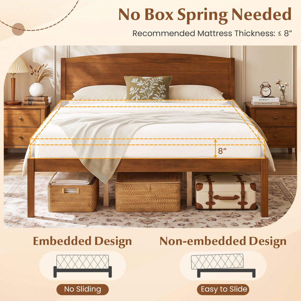 Queen Size Wooden Platform Bed Frame with Curved Headboard-Beds & Bed Frames-DECOROLALA