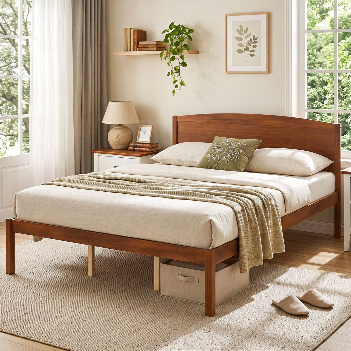 Queen Size Wooden Platform Bed Frame with Curved Headboard-Beds & Bed Frames-DECOROLALA