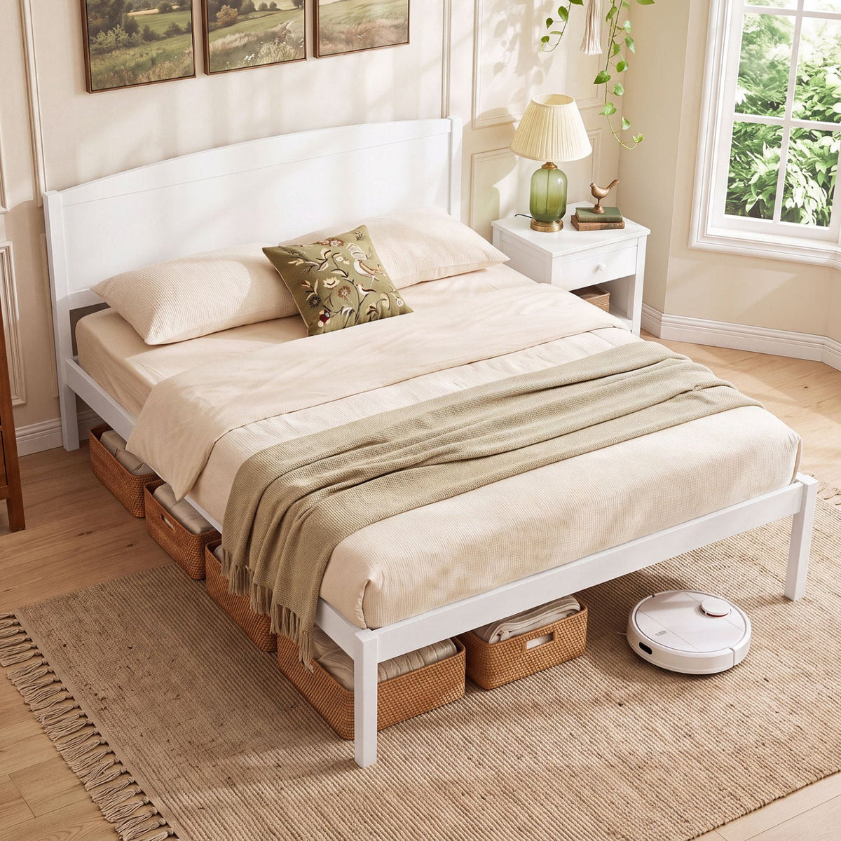 Queen Size Wooden Platform Bed Frame with Curved Headboard-Beds & Bed Frames-DECOROLALA