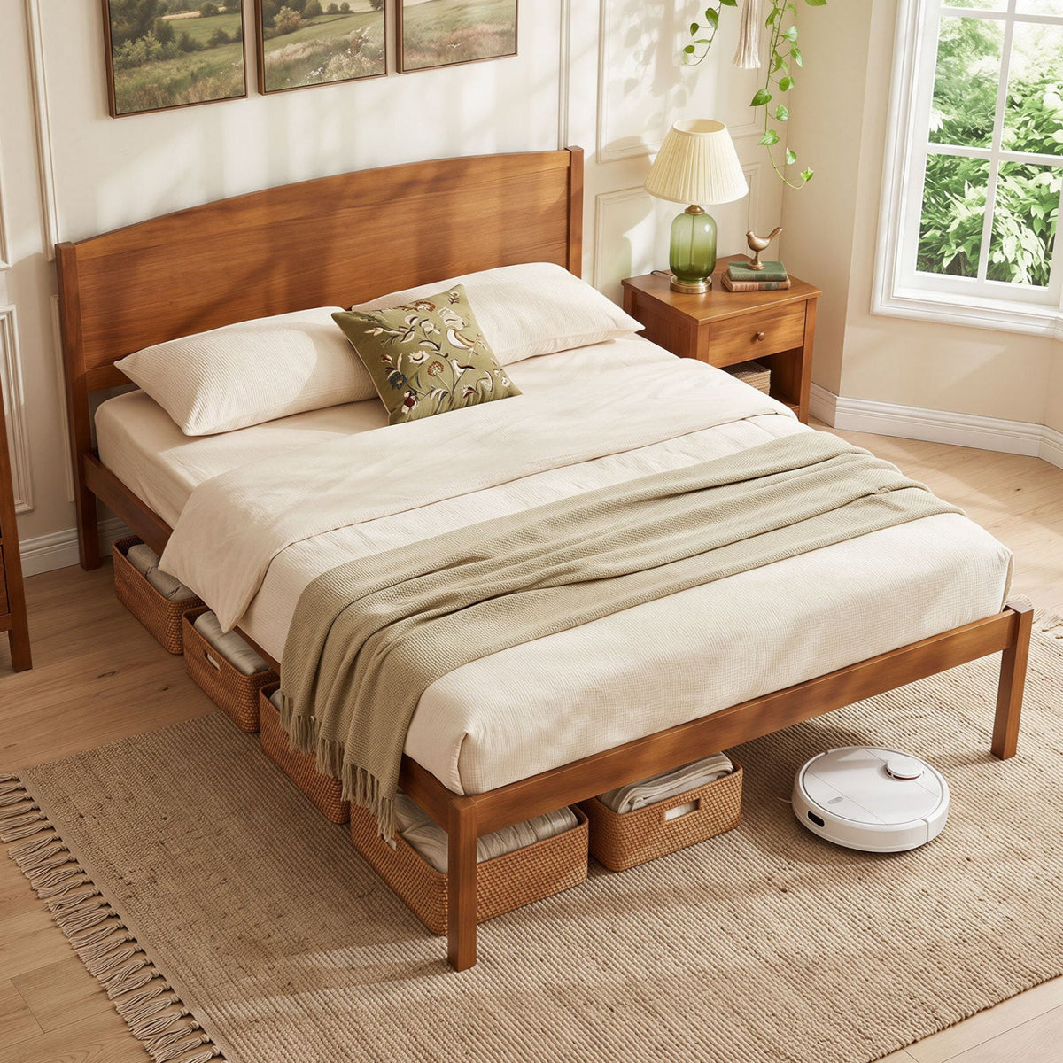 Queen Size Wooden Platform Bed Frame with Curved Headboard-Beds & Bed Frames-DECOROLALA
