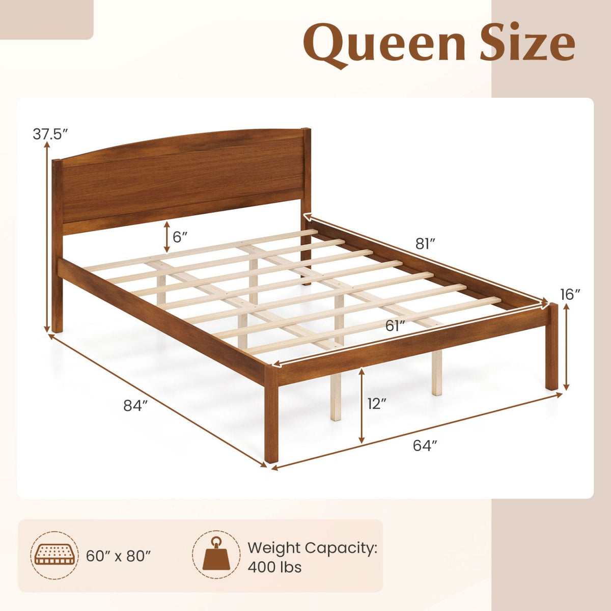 Queen Size Wooden Platform Bed Frame with Curved Headboard-Beds & Bed Frames-DECOROLALA