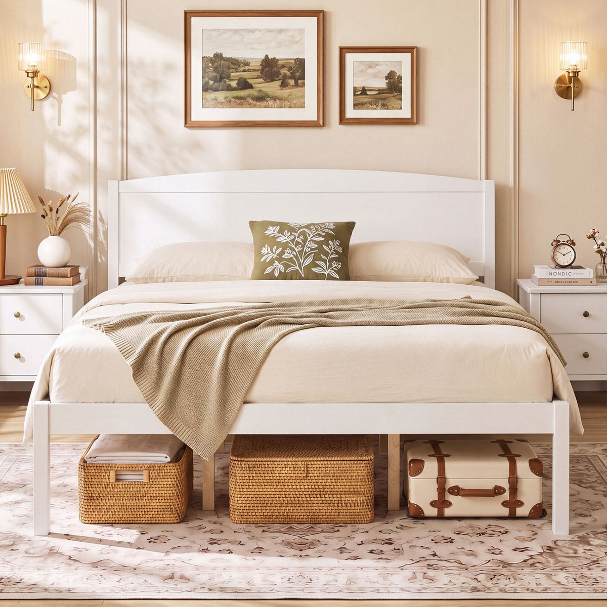 Queen Size Wooden Platform Bed Frame with Curved Headboard-Beds & Bed Frames-DECOROLALA
