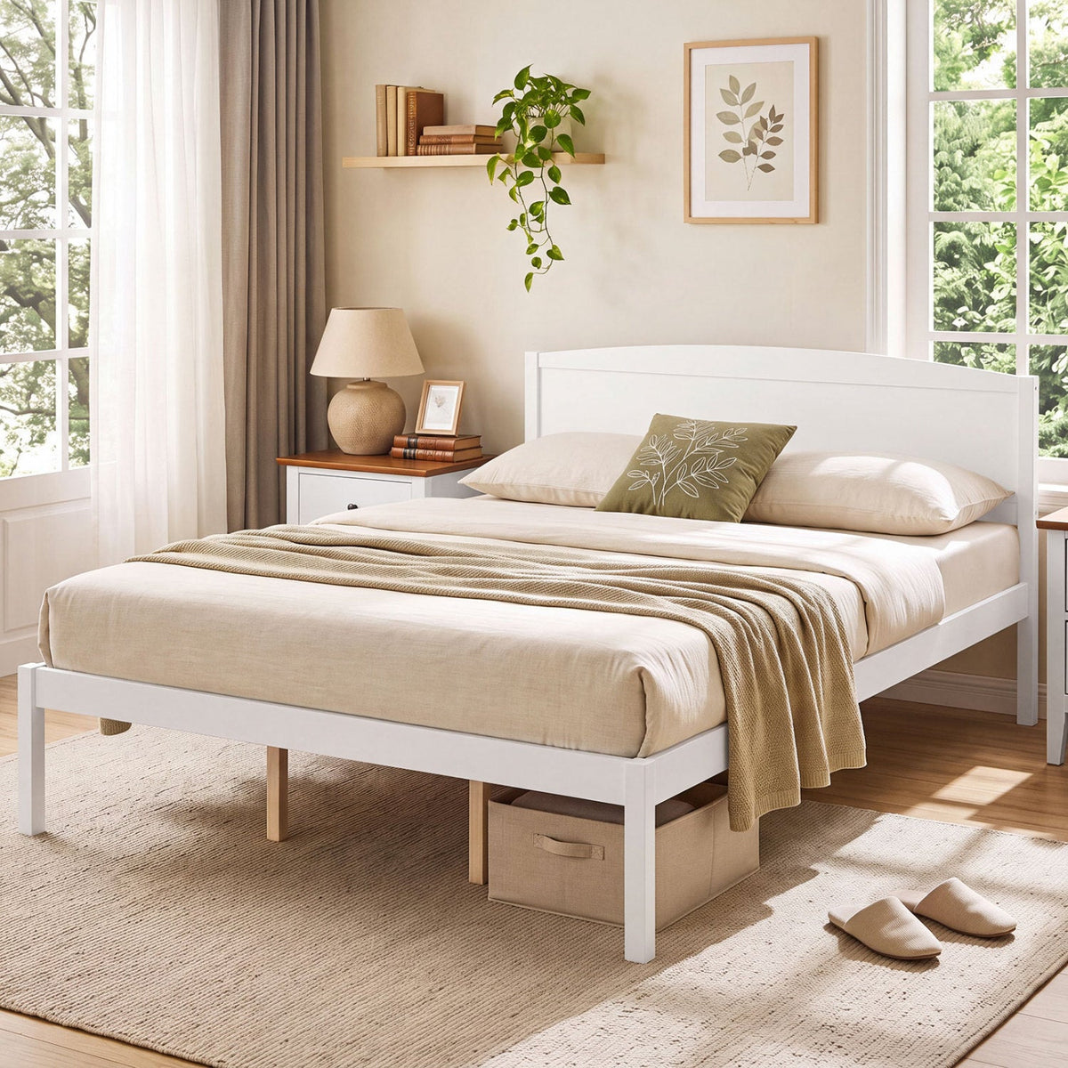 Queen Size Wooden Platform Bed Frame with Curved Headboard-Beds & Bed Frames-DECOROLALA