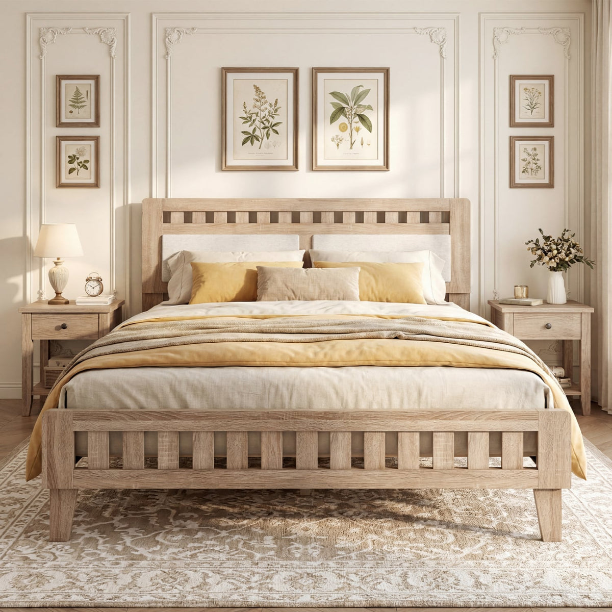Queen Wood Bed Frame with Upholstered Headboard-Natural-Simple Bed Frame-DECOROLALA