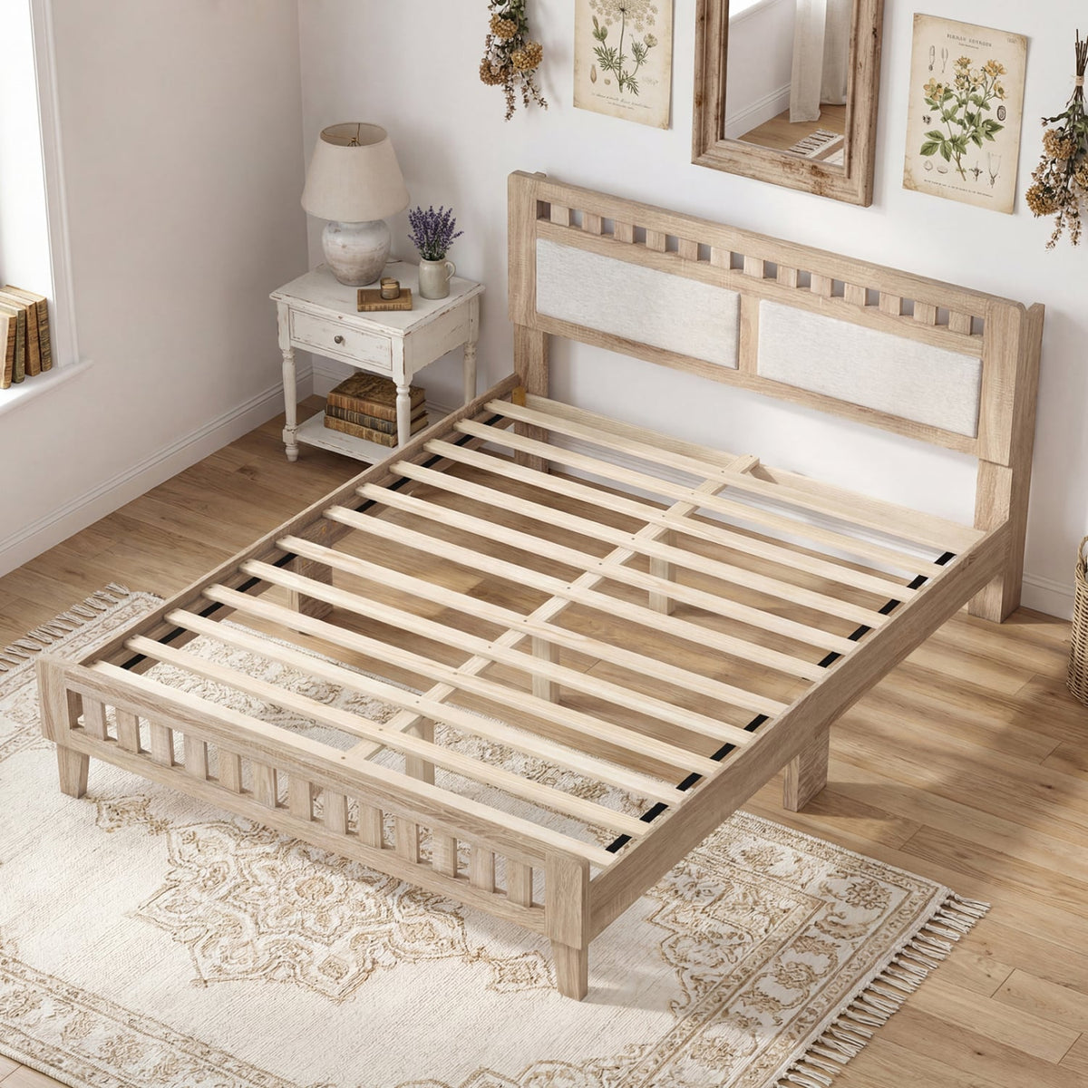 Queen Wood Bed Frame with Upholstered Headboard-Natural-Simple Bed Frame-DECOROLALA