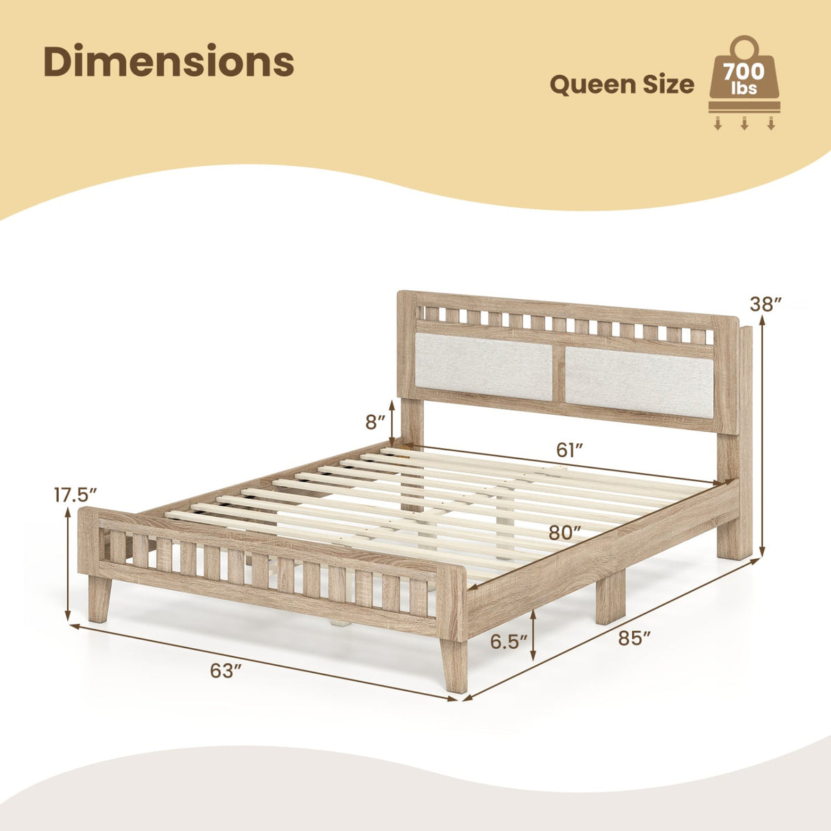 Queen Wood Bed Frame with Upholstered Headboard-Natural-Simple Bed Frame-DECOROLALA