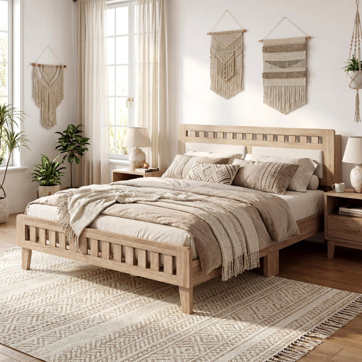 Queen Wood Bed Frame with Upholstered Headboard-Natural-Simple Bed Frame-DECOROLALA