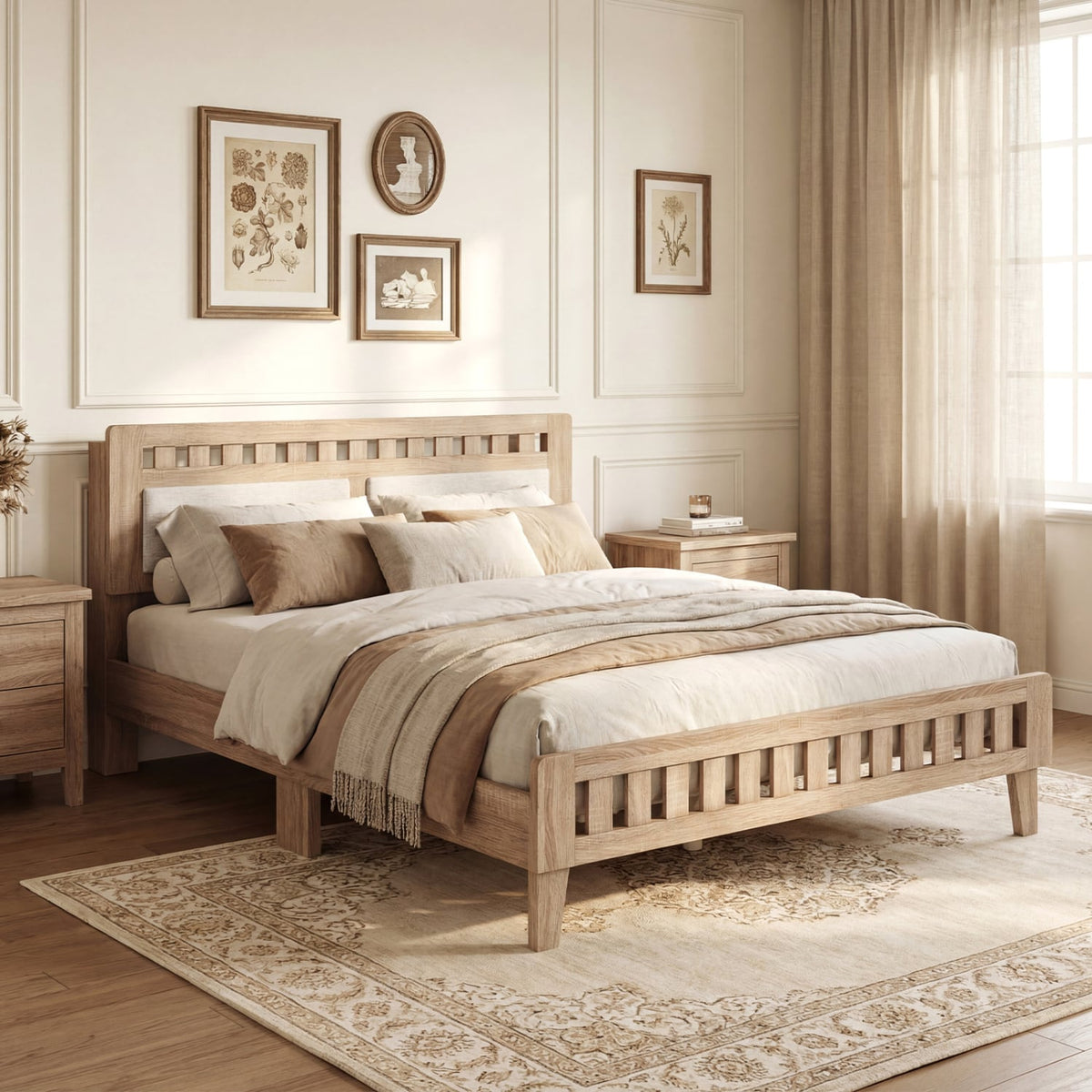 Queen Wood Bed Frame with Upholstered Headboard-Natural-Simple Bed Frame-DECOROLALA