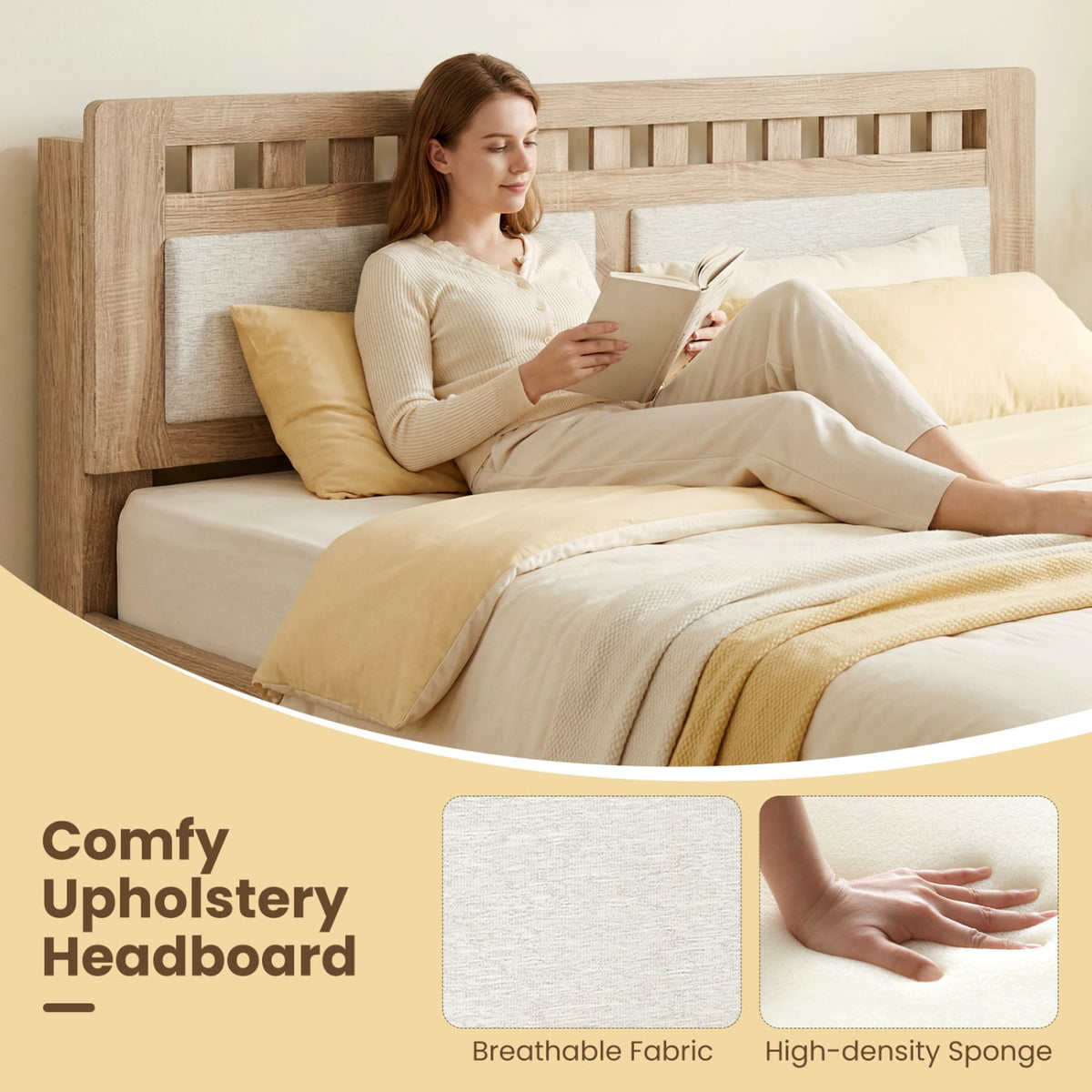 Queen Wood Bed Frame with Upholstered Headboard-Natural-Simple Bed Frame-DECOROLALA