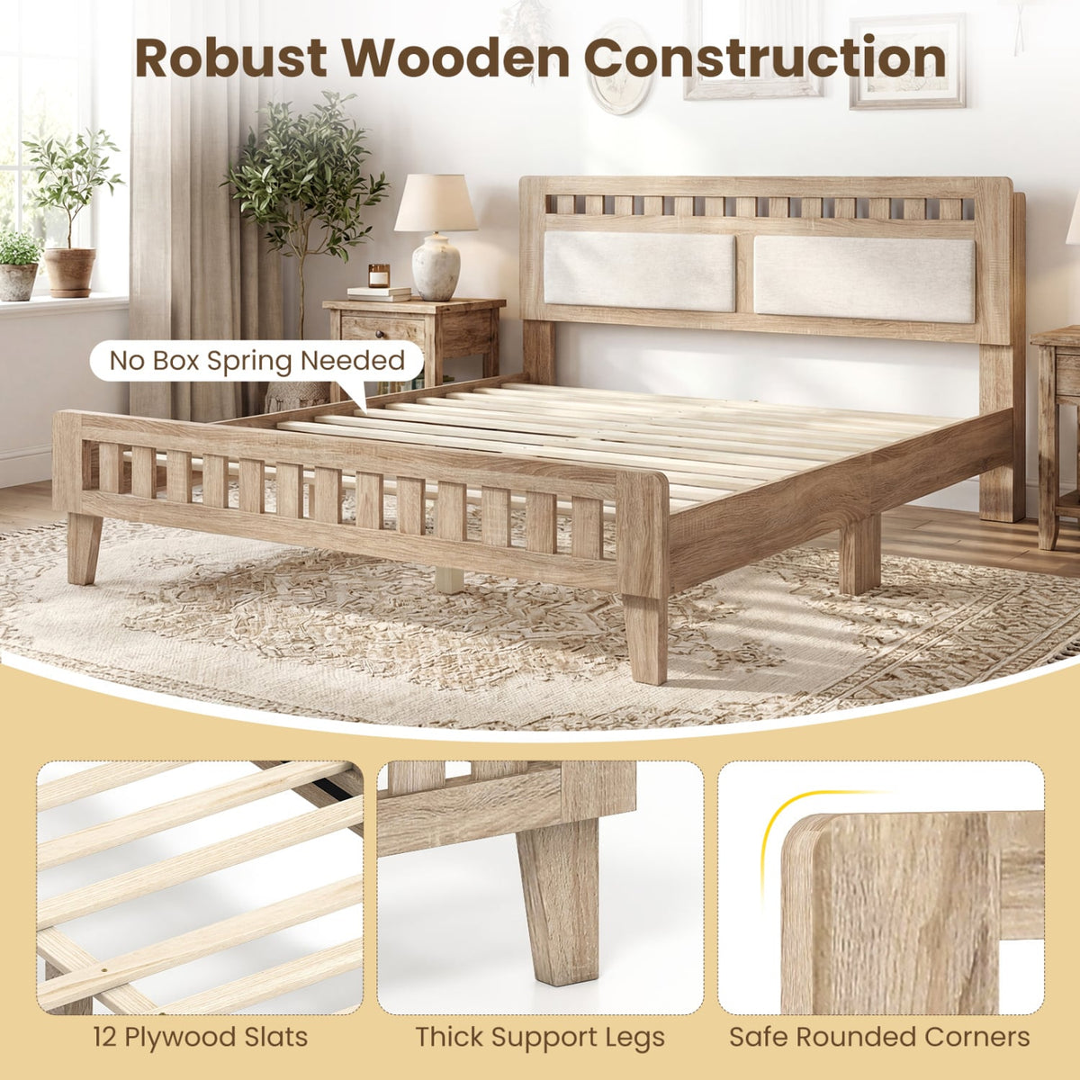 Queen Wood Bed Frame with Upholstered Headboard-Natural-Simple Bed Frame-DECOROLALA