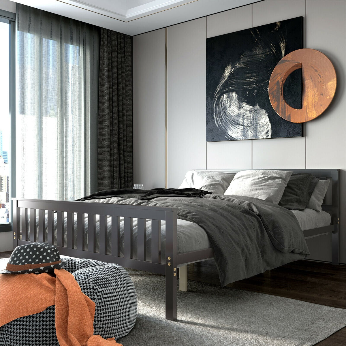Queen Wood Platform Bed with Headboard-Simple Bed Frame-DECOROLALA