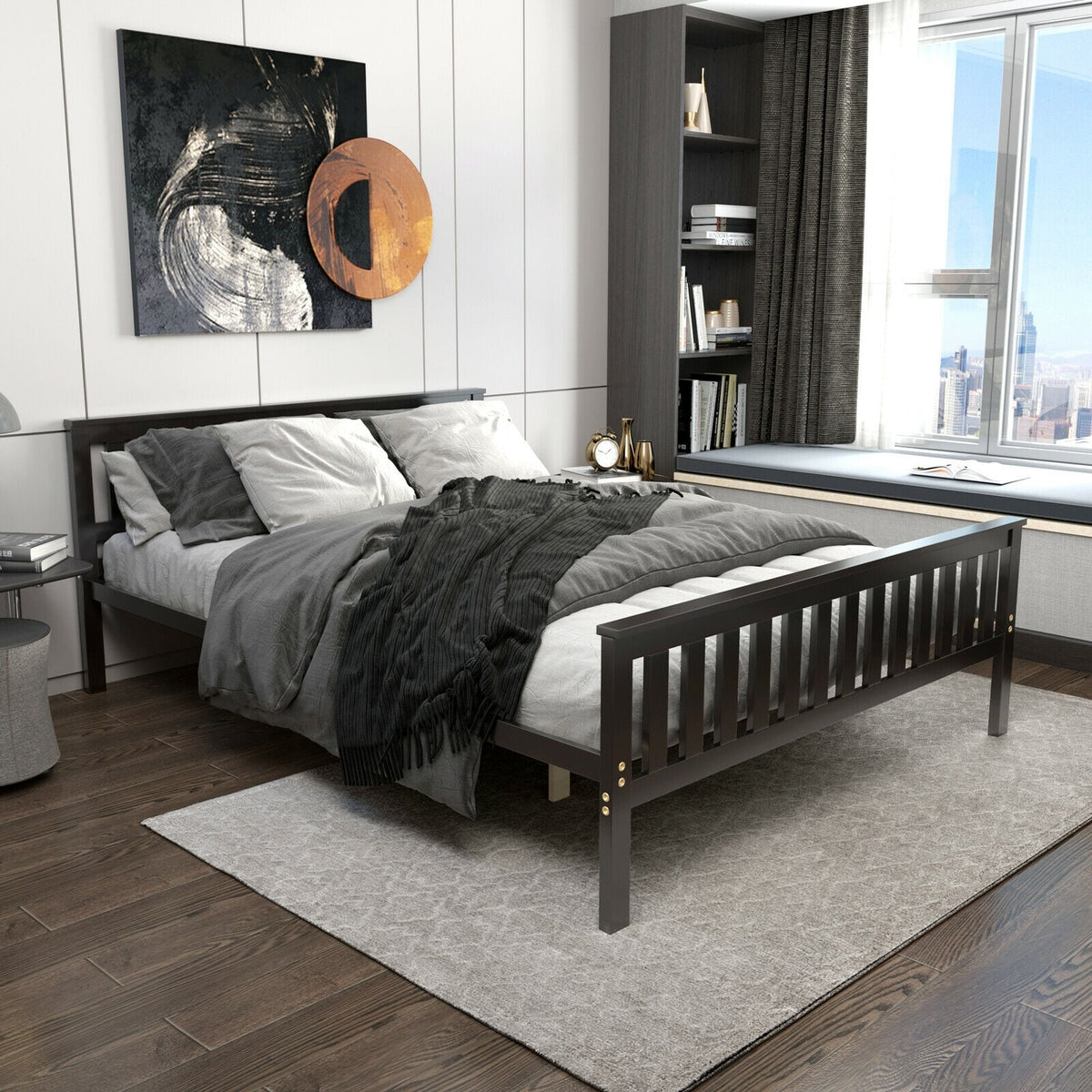 Queen Wood Platform Bed with Headboard-Simple Bed Frame-DECOROLALA