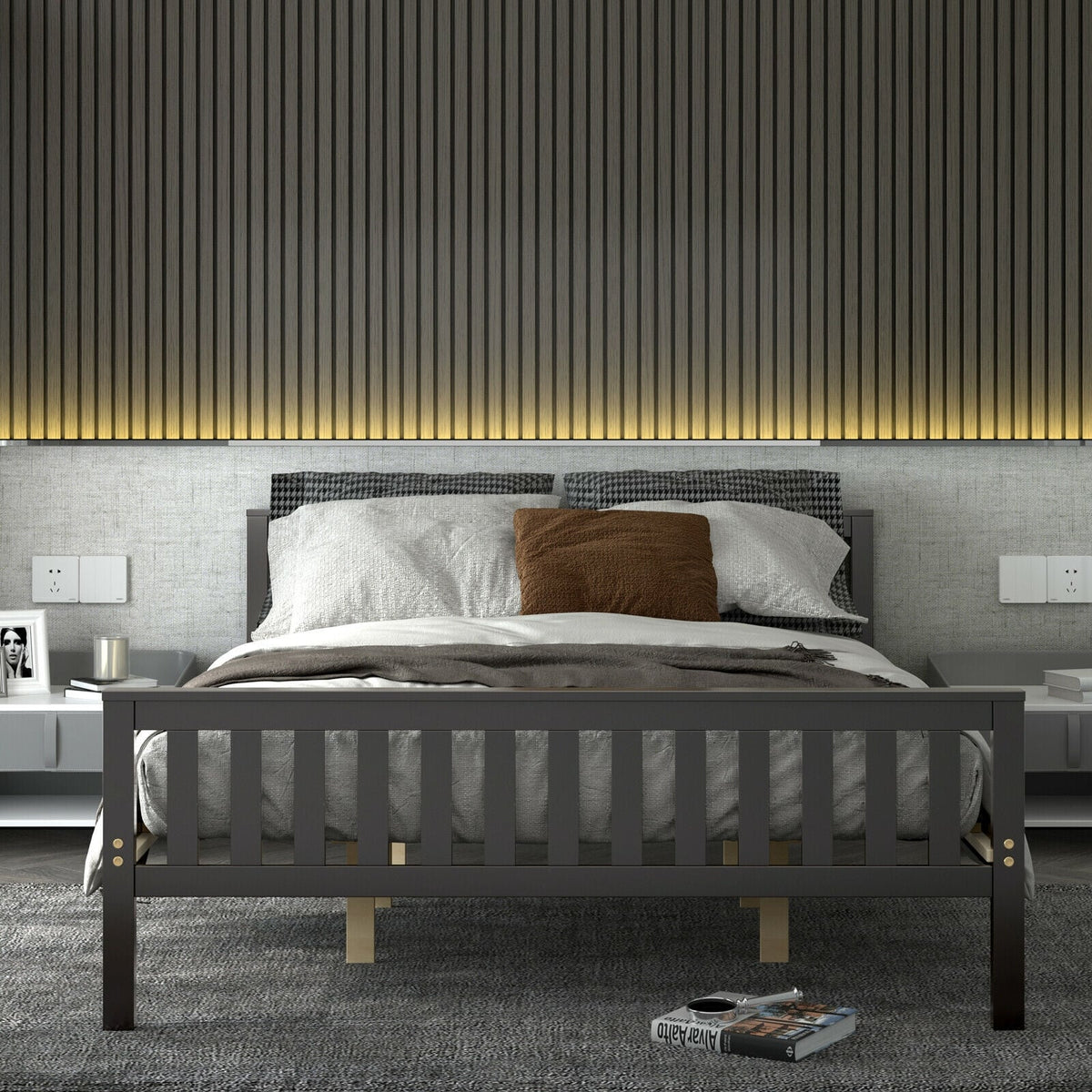 Queen Wood Platform Bed with Headboard-Simple Bed Frame-DECOROLALA
