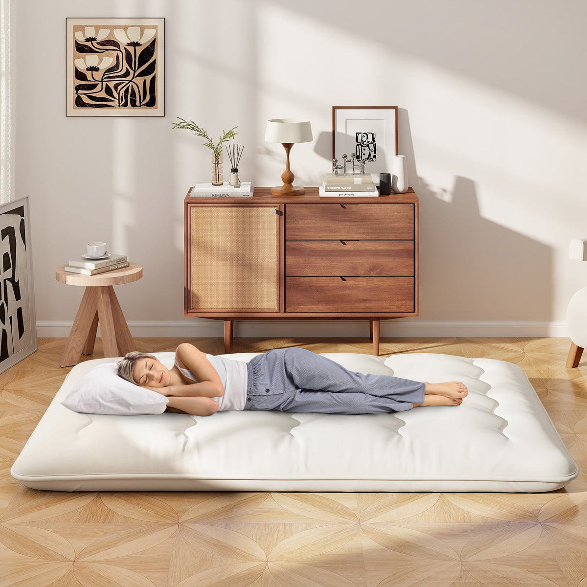 Queen/King/Twin/Full Futon Mattress Floor Sleeping Pad with Washable Cover Beige-Full Size-Mattresses-DECOROLALA
