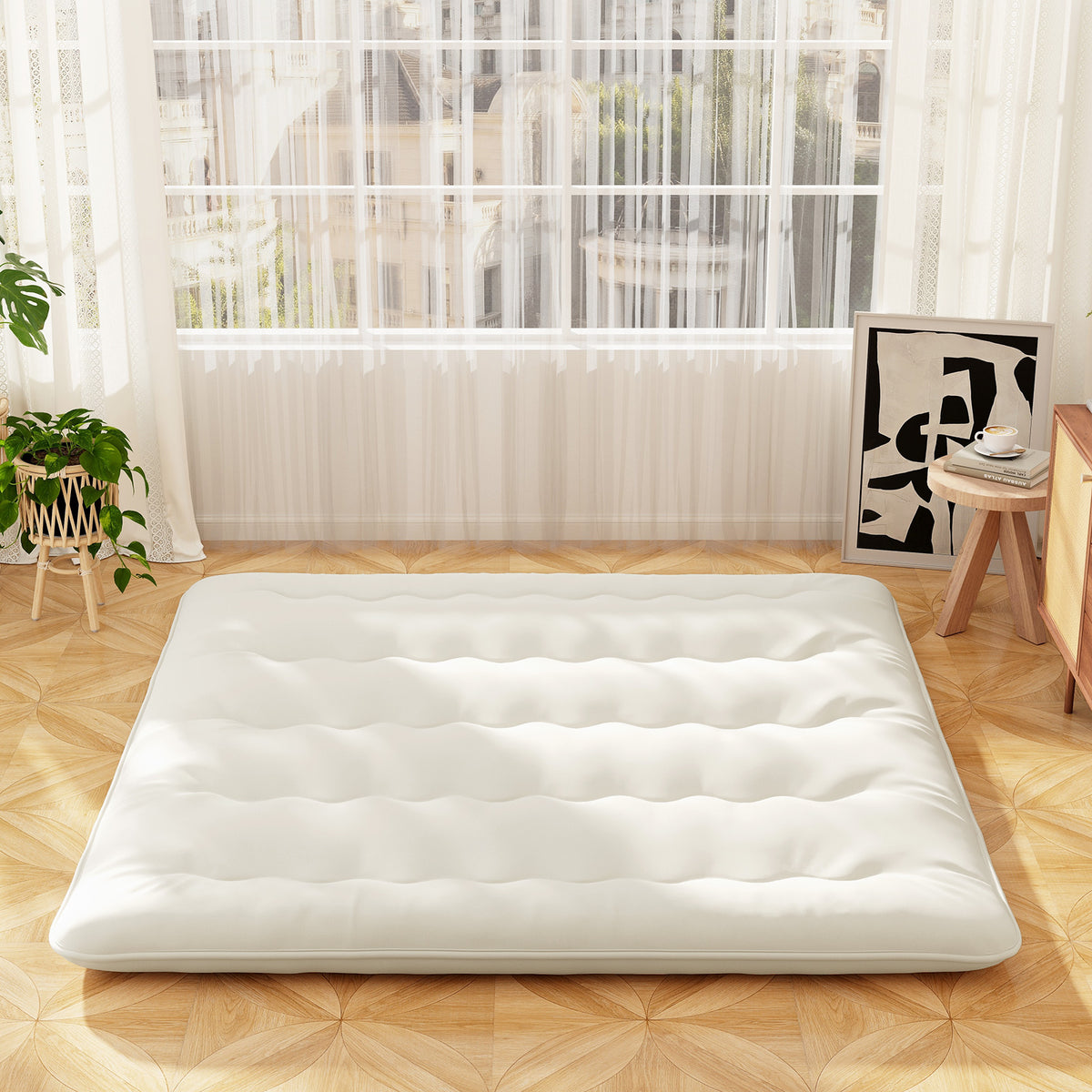 Queen/King/Twin/Full Futon Mattress Floor Sleeping Pad with Washable Cover Beige-King Size-Mattresses-DECOROLALA