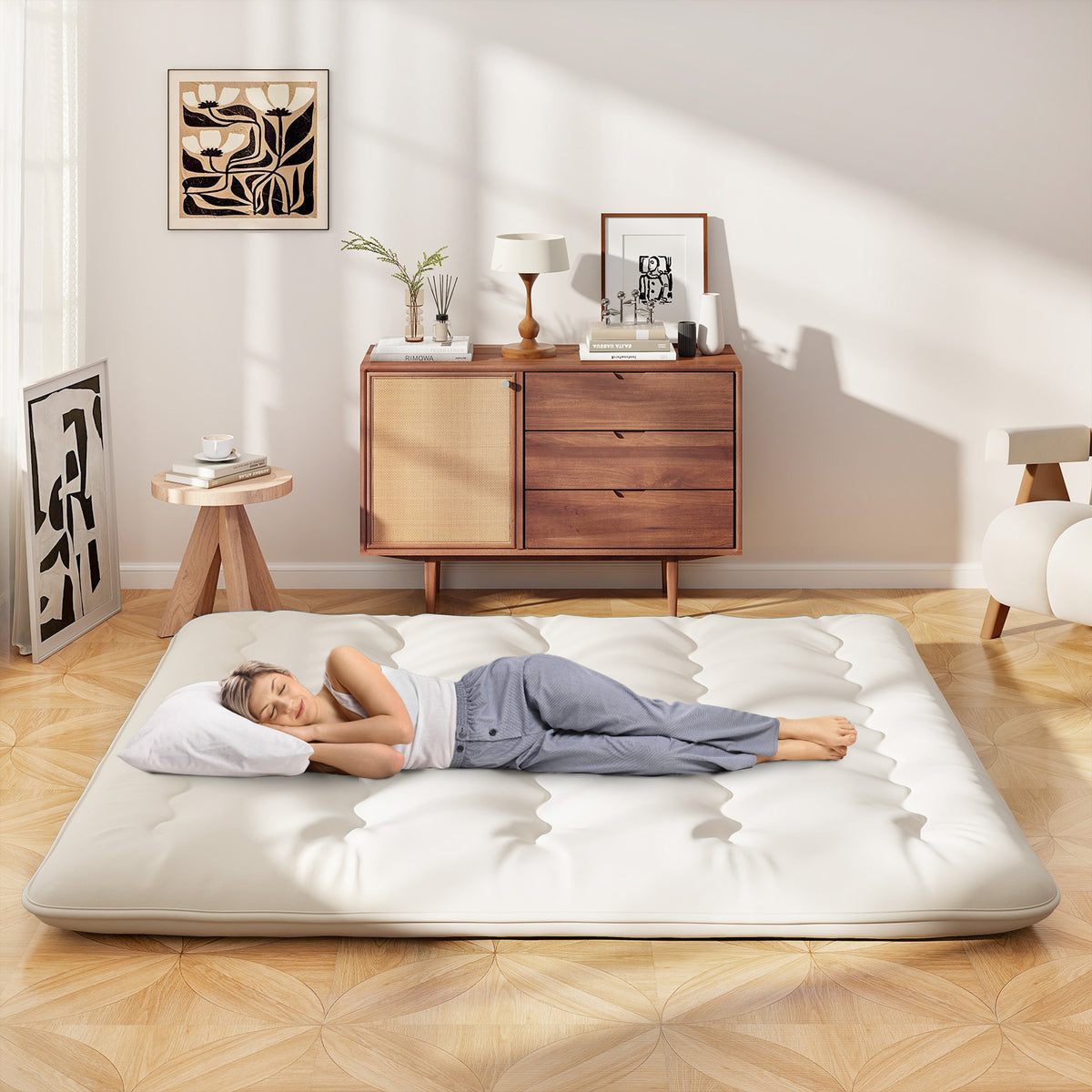 Queen/King/Twin/Full Futon Mattress Floor Sleeping Pad with Washable Cover Beige-King Size-Mattresses-DECOROLALA