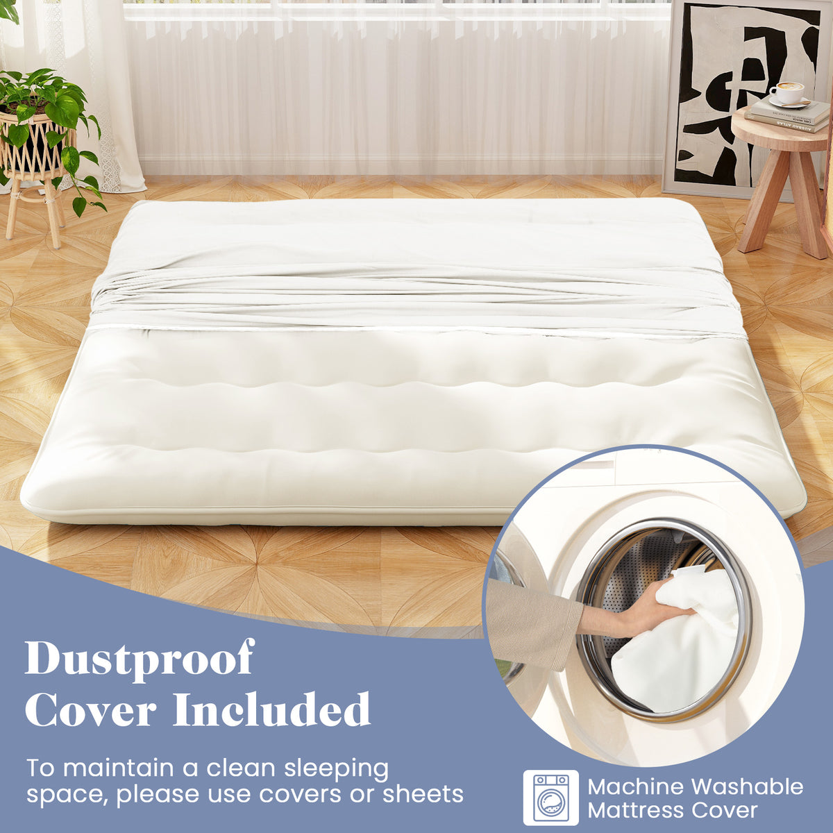 Queen/King/Twin/Full Futon Mattress Floor Sleeping Pad with Washable Cover Beige-King Size-Mattresses-DECOROLALA