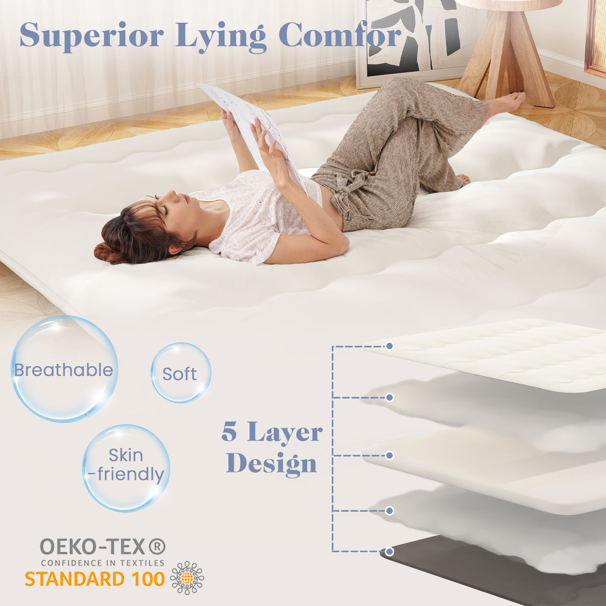 Queen/King/Twin/Full Futon Mattress Floor Sleeping Pad with Washable Cover Beige-King Size-Mattresses-DECOROLALA