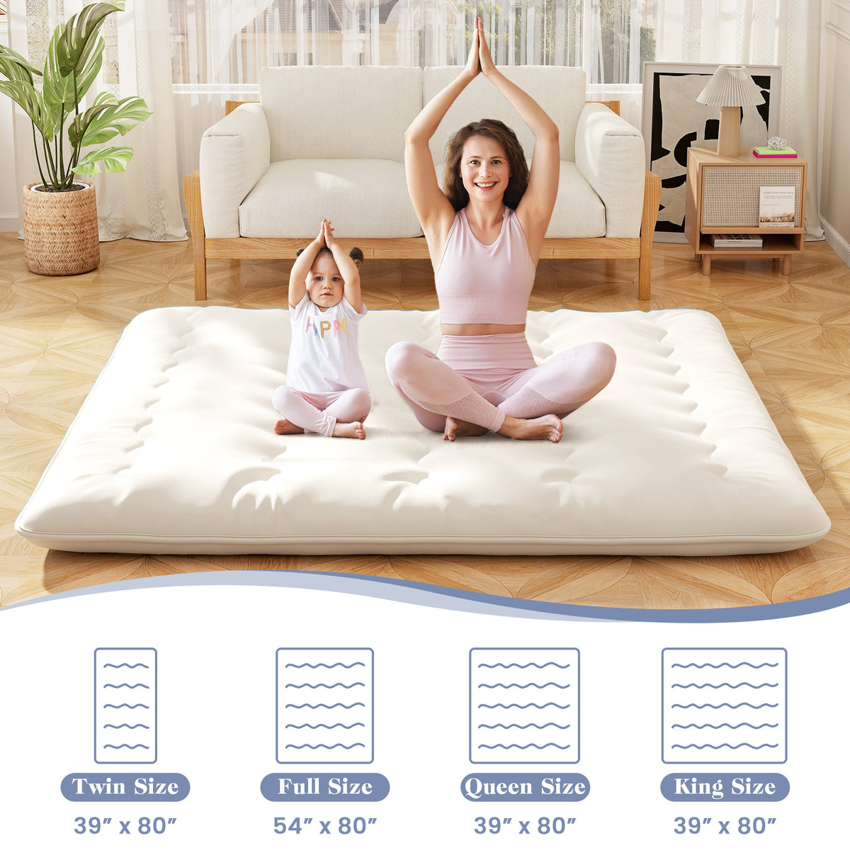 Queen/King/Twin/Full Futon Mattress Floor Sleeping Pad with Washable Cover Beige-King Size-Mattresses-DECOROLALA