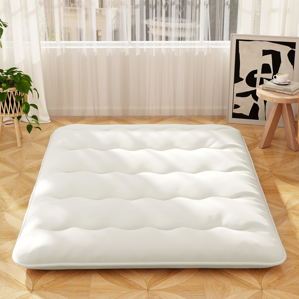 Queen/King/Twin/Full Futon Mattress Floor Sleeping Pad with Washable Cover Beige-Queen Size-Mattresses-DECOROLALA