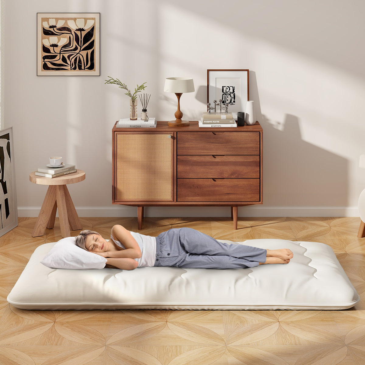 Queen/King/Twin/Full Futon Mattress Floor Sleeping Pad with Washable Cover Beige-Twin Size-Mattresses-DECOROLALA