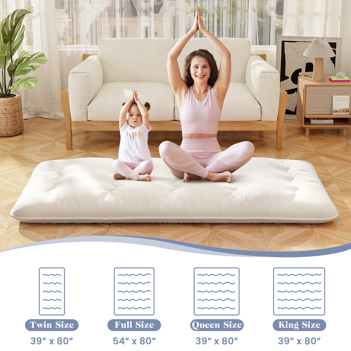 Queen/King/Twin/Full Futon Mattress Floor Sleeping Pad with Washable Cover Beige-Twin Size-Mattresses-DECOROLALA