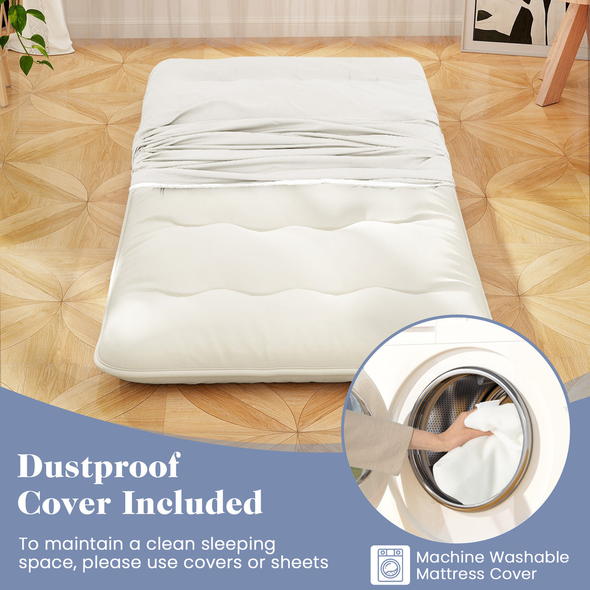 Queen/King/Twin/Full Futon Mattress Floor Sleeping Pad with Washable Cover Beige-Twin Size-Mattresses-DECOROLALA