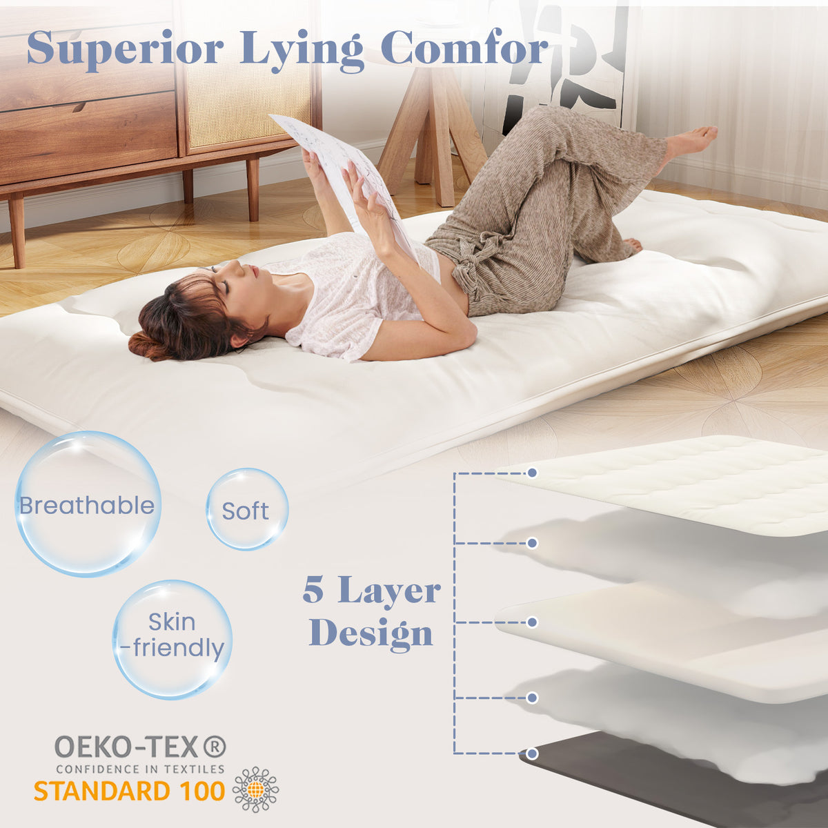 Queen/King/Twin/Full Futon Mattress Floor Sleeping Pad with Washable Cover Beige-Twin Size-Mattresses-DECOROLALA