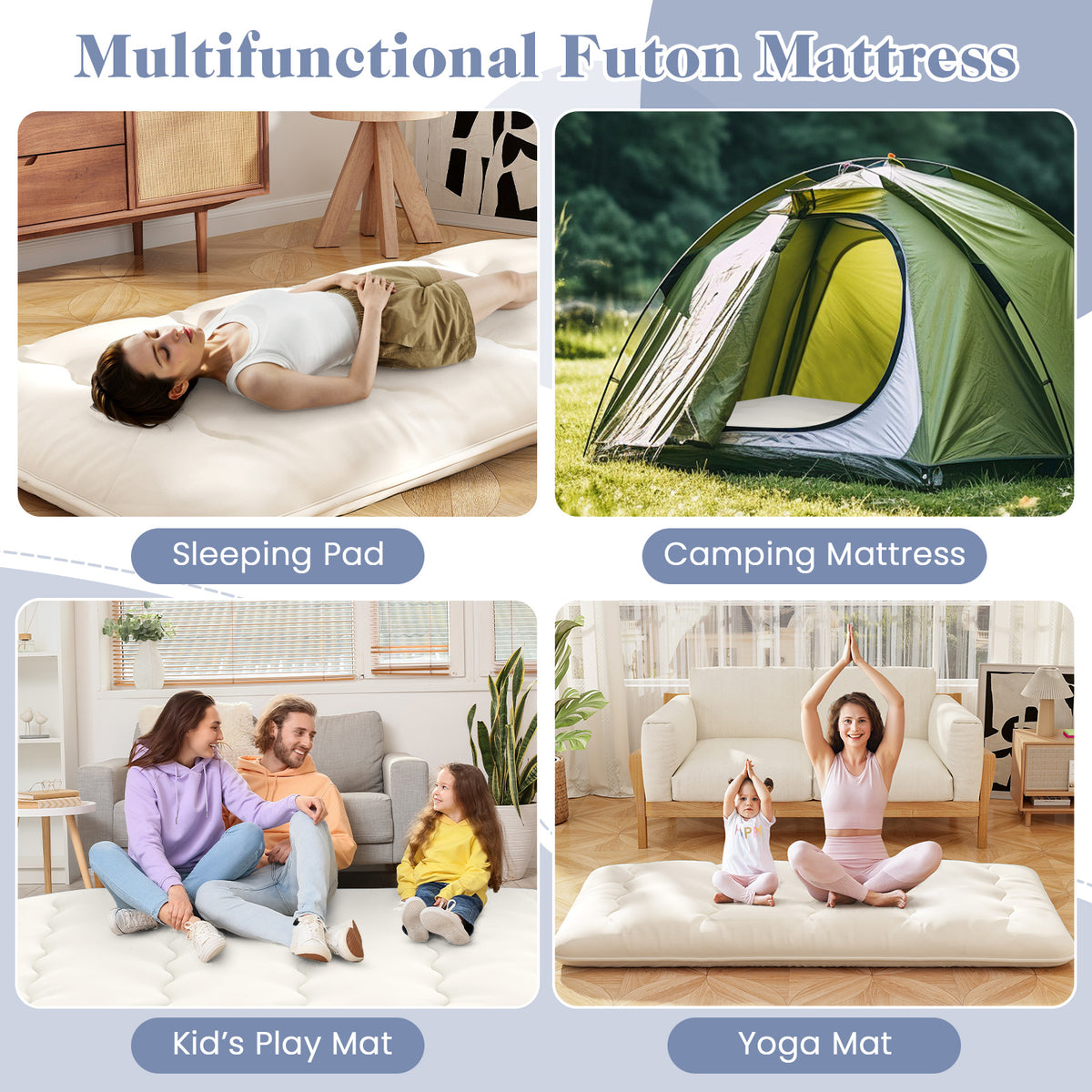 Queen/King/Twin/Full Futon Mattress Floor Sleeping Pad with Washable Cover Beige-Twin Size-Mattresses-DECOROLALA