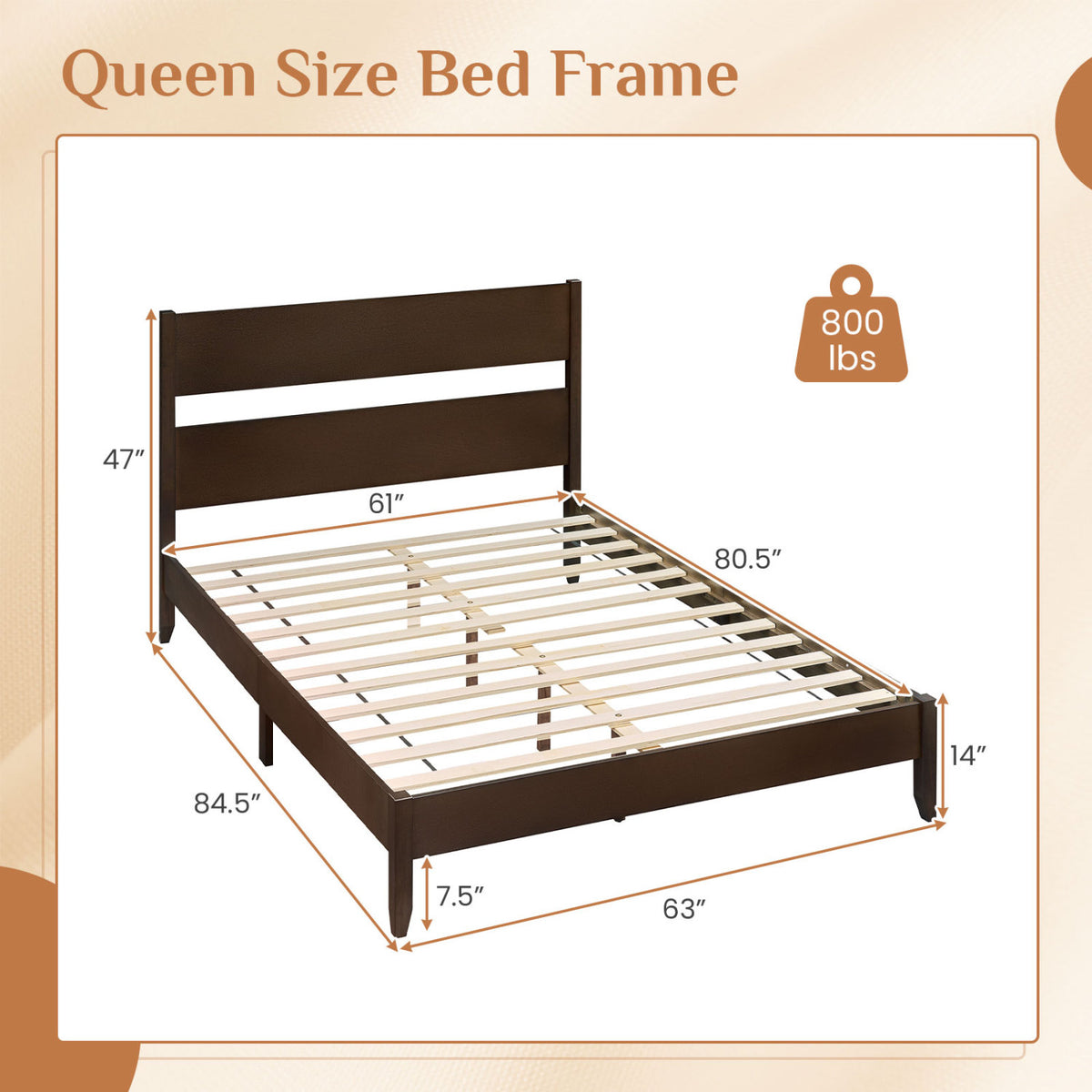 Queen Bed Frame with Headboard and Solid Wood Legs 12 Slats-Dark Walnut-Beds & Bed Frames-DECOROLALA