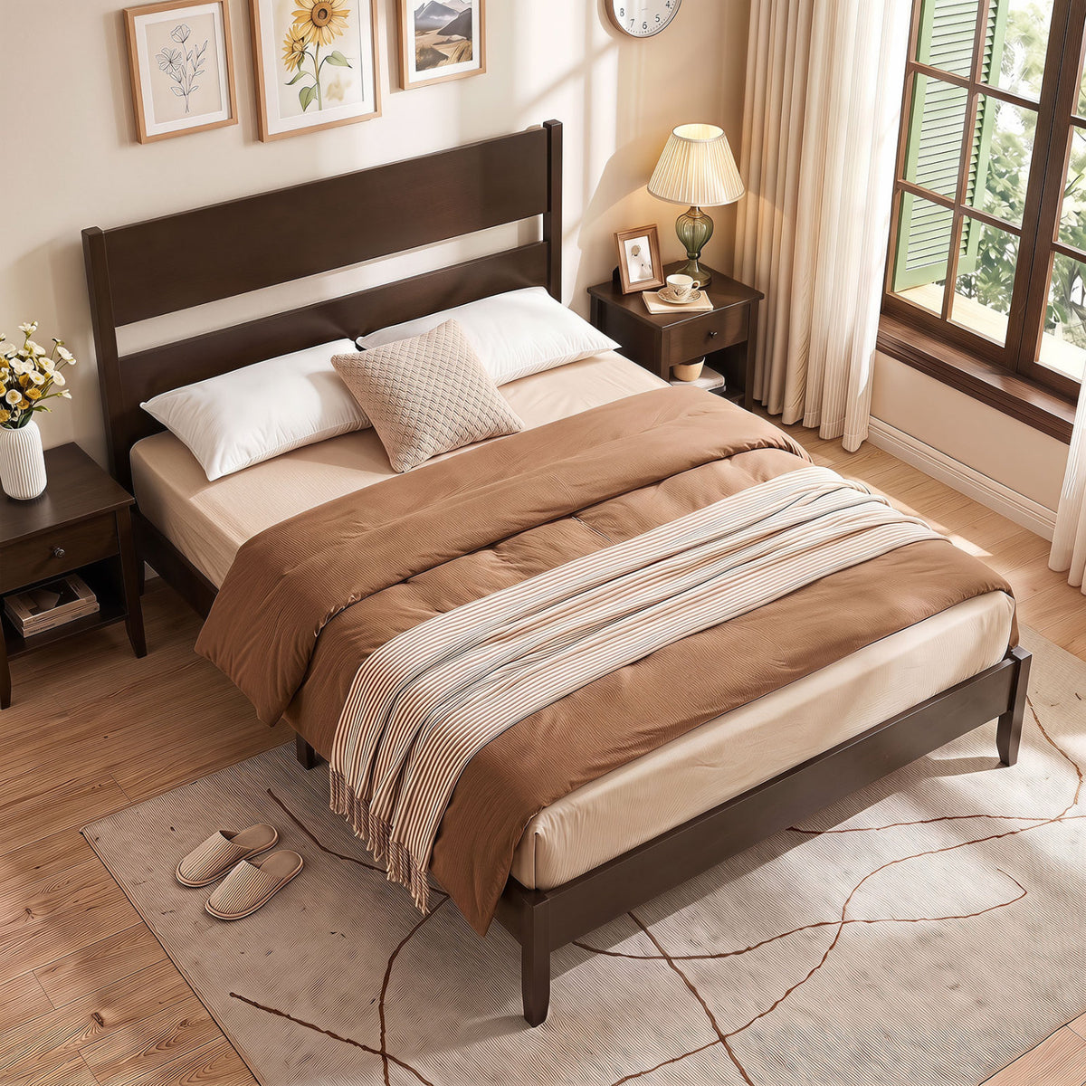 Queen Bed Frame with Headboard and Solid Wood Legs 12 Slats-Dark Walnut-Beds & Bed Frames-DECOROLALA