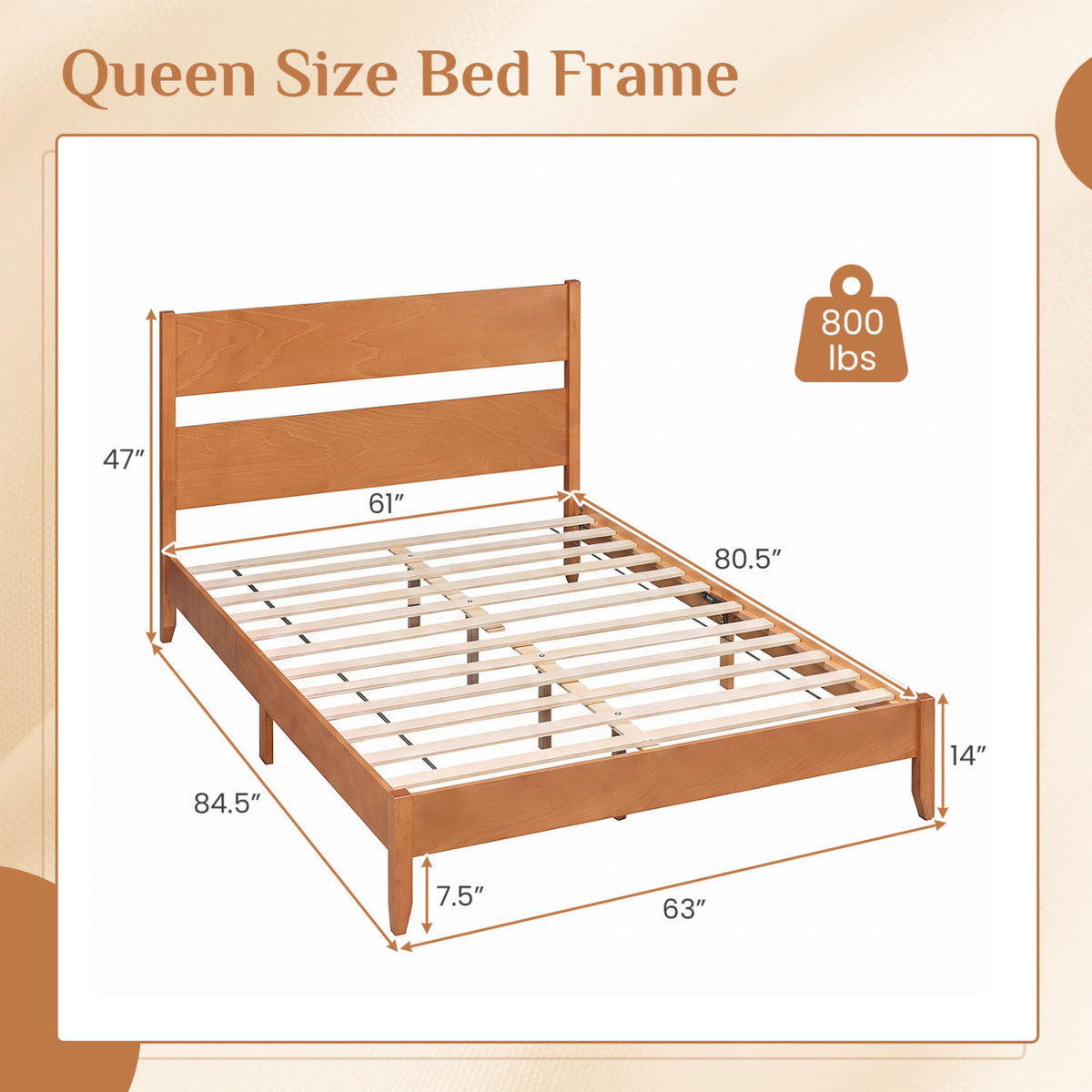 Queen Bed Frame with Headboard and Solid Wood Legs 12 Slats-Warm Brown-Beds & Bed Frames-DECOROLALA
