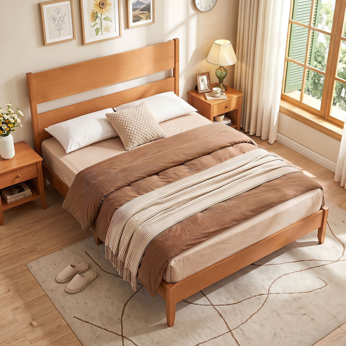 Queen Bed Frame with Headboard and Solid Wood Legs 12 Slats-Warm Brown-Beds & Bed Frames-DECOROLALA