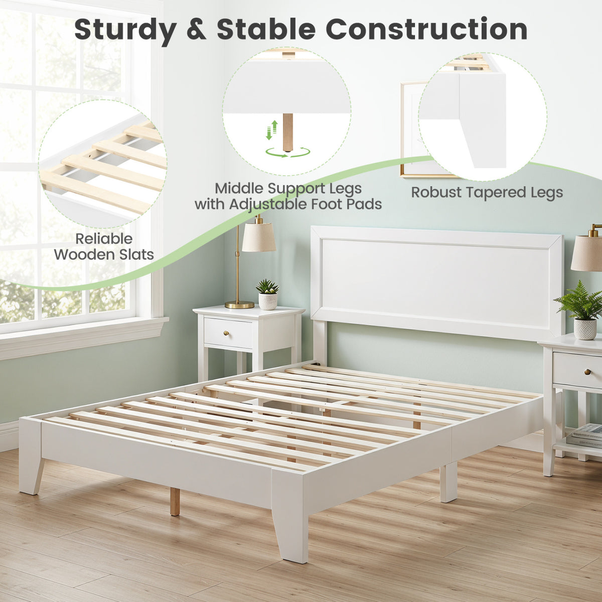 Queen Size Modern Bed Frame with Headboard-White-Simple Bed Frame-DECOROLALA