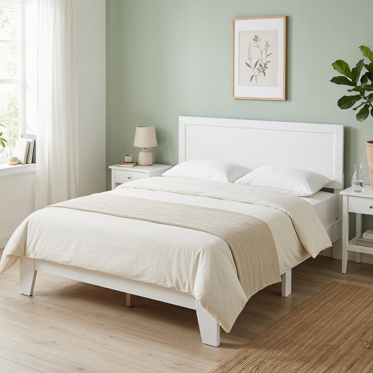 Queen Size Modern Bed Frame with Headboard-White-Simple Bed Frame-DECOROLALA