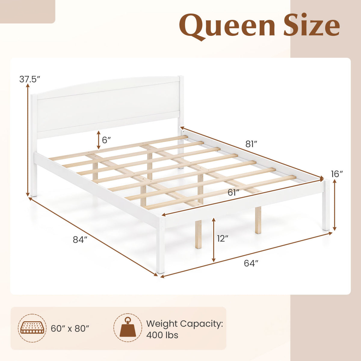 Queen Size Wooden Platform Bed Frame with Curved Headboard-White-Beds & Bed Frames-DECOROLALA