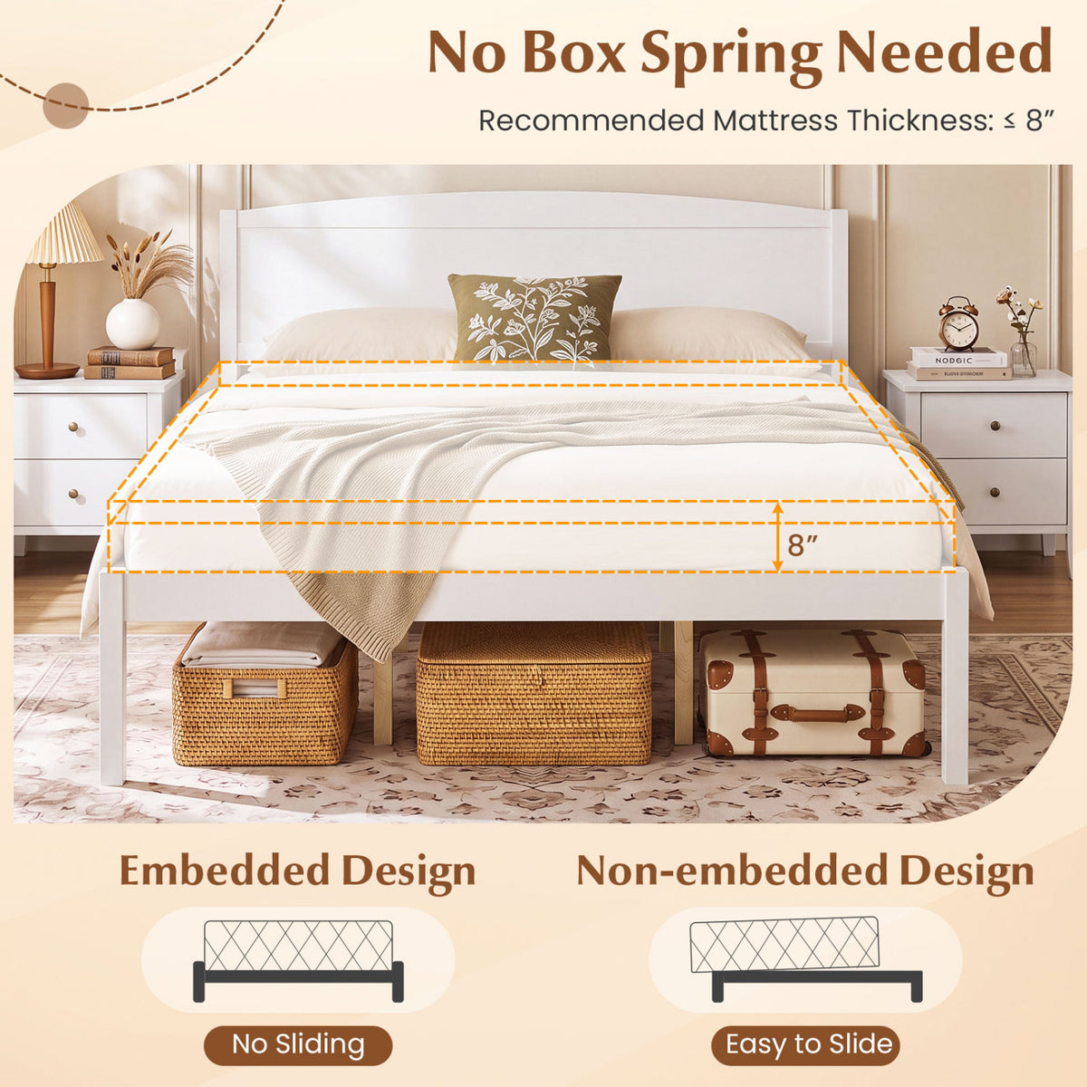 Queen Size Wooden Platform Bed Frame with Curved Headboard-White-Beds & Bed Frames-DECOROLALA