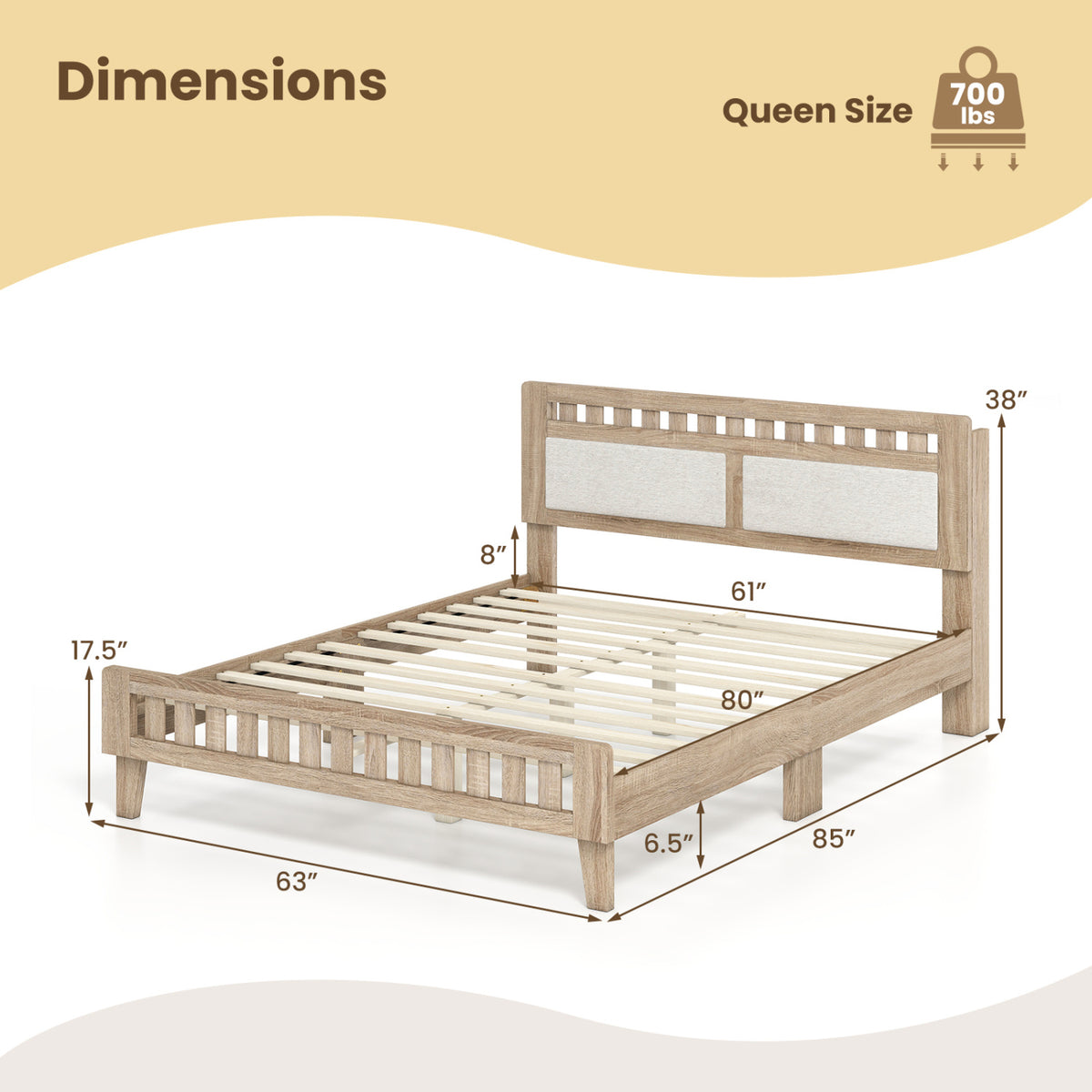 Wood Bed Frame with Upholstered Headboard Mid Century Style-Simple Bed Frame-DECOROLALA