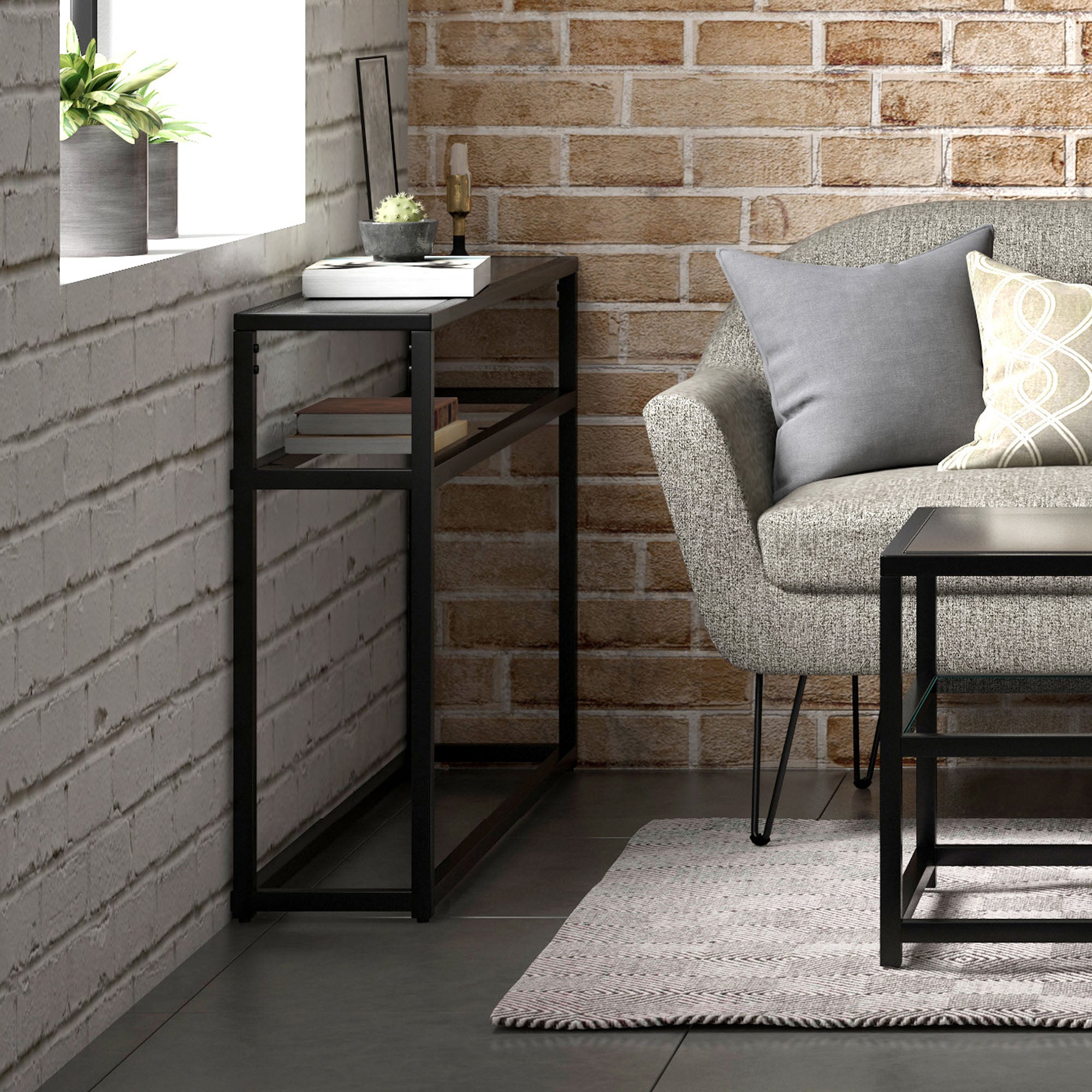Quinn Console Table - Black Modern Metal and Glass Narrow 42"-DECOROLALA