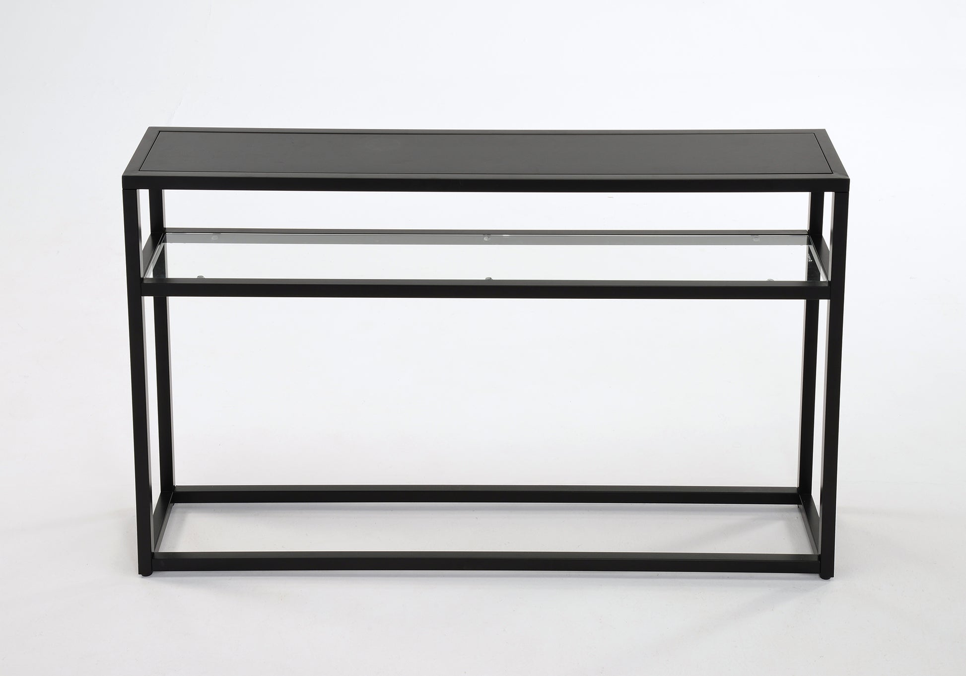 Quinn Console Table - Black Modern Metal and Glass Narrow 42"-DECOROLALA