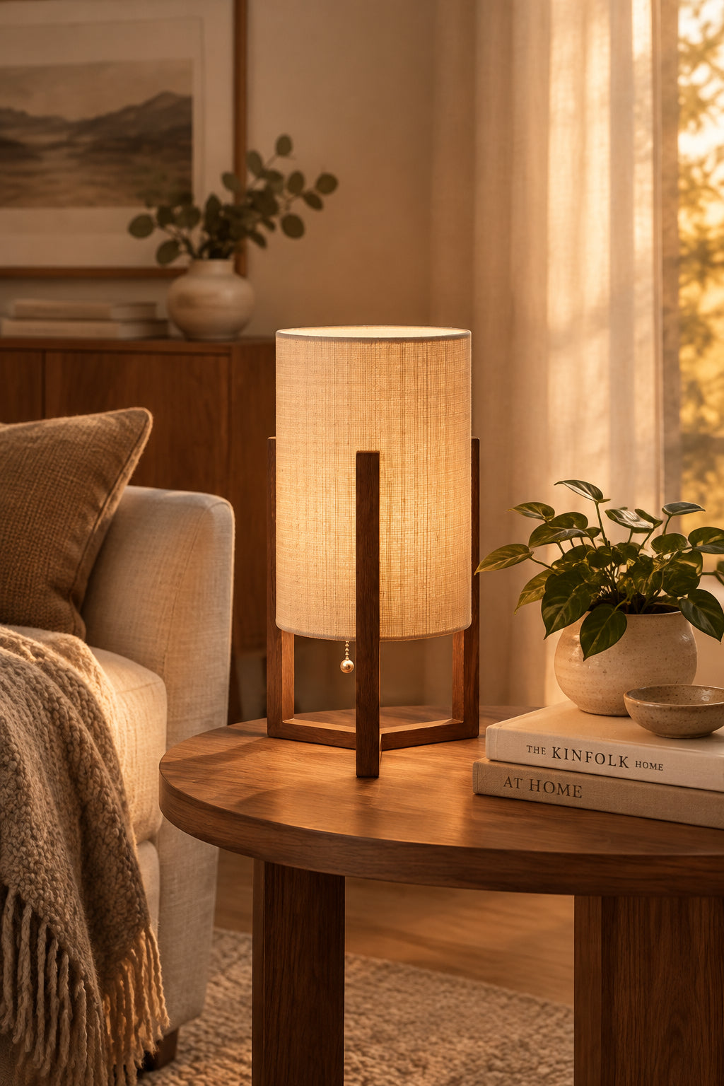 Quinn Table Lantern - Natural Linen Walnut-Lighting-DECOROLALA